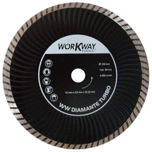 WORKWAY TOOLS - Disco Diamante 230 mm - Mayor Velocidad de Corte - Hormigón, Piedra, Ladrillo, Cerámica, Mármol, Cemento, Tejas - Disco para Radial - Cortes Rápidos en Seco y Húmedo Cover