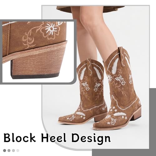 LingxiaUne Women’s Western Cowboy Boots – Elegant White Floral Embroidery Mid Heel Boots for Stylish Versatility4
