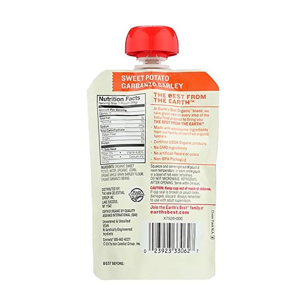 Earths-Best-Organic-Stage-2-Baby-Food-Sweet-Potato-Garbanzo-Barley-35-Oz-Pouch-Pack-of-12 Earth's Best Organic Baby Food Pouches, Stage 2 Protein and Veggie Puree for Babies 6 Months and Older, Organic Sweet Potato Garbanzo Barley, 3.5 oz Resealable Pouch (Pack of 12)
