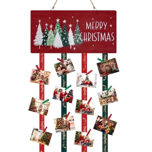WeDoSoy Christmas Card Holder, Merry Christmas Wooden Hanging Picture Holder, Xmas Card Display with 30 Photo Clips for Wall, Door, and Window Display, Holiday Home Décor