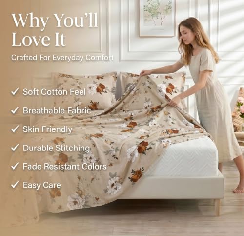 Image of BSB HOME 210 TC Cotton Feel Double Bedsheet with 2 Pillow Covers, Soft & Breathable Floral Printed Bed Sheet, Easy Care Bedding for Bedroom - 86 x 88 Inches (218 x 224 cm) (Warm Ecru)