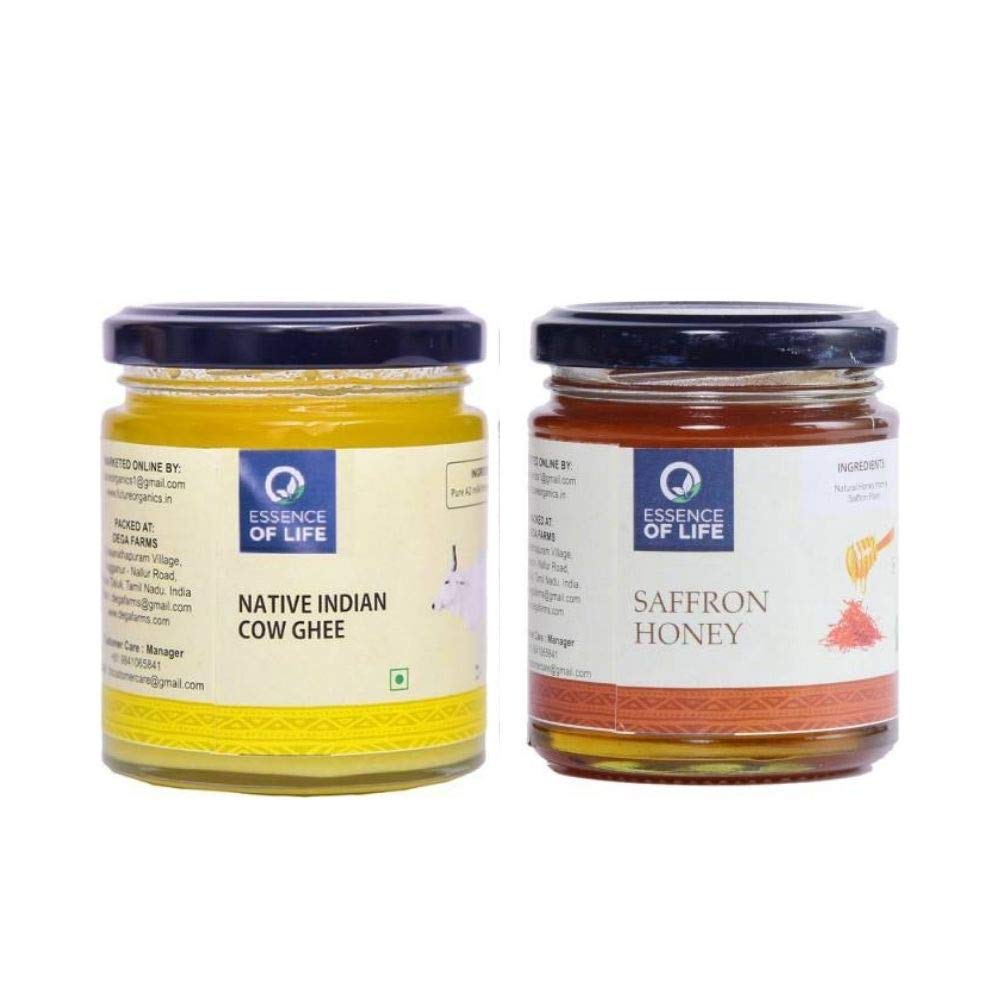 Essence of Life Native Indian Cow Ghee - 175 ml Plus Combo Pack with Saffron Honey 250 Gram
