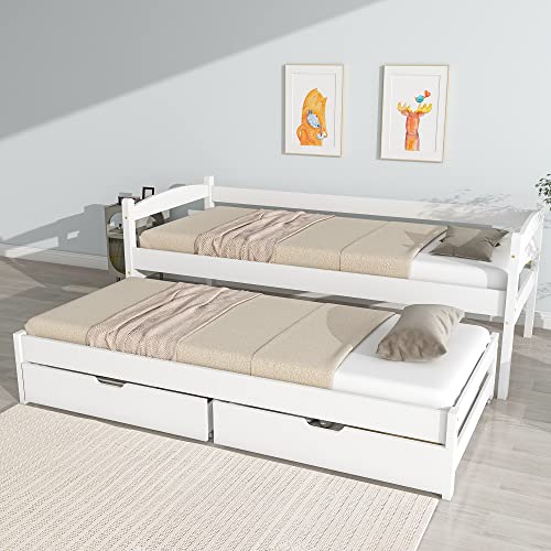 Racxily Sofá cama (200 x 90 cm/190 x 90 cm), cama individual o doble, cama nido sobre ruedas, con 2 cajones de MDF, color blanco (colchón no incluido)