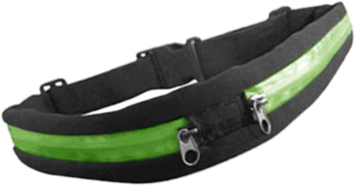 Life Satisfaction Running Fanny Pack with Two Expandable Pockets, Stores a Smartphone Up to 2.6 Inches Wide Plus Other Valuables; Adjustable from 28.5 to 49 Inches, to Fit Men or Women; Green Zipper