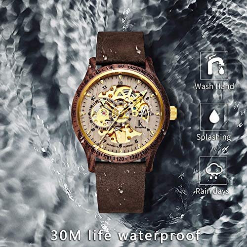 Image of IK COLOURING Men's Watches Luxury Mechanical Wooden Case Skeleton Lumious Automatic Self-Winding Lightweight Genuine Leather Bracelet /Wood Band Wrist Watch