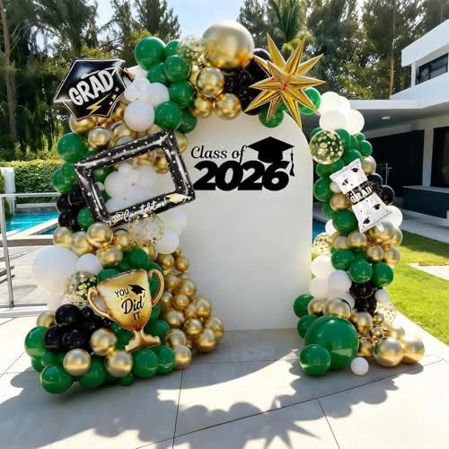 Image of 141Pcs Green Gold Black Graduation Balloon Garland Arch Kit,with Explosion Star,Diploma,Trophy,Grad Hat,Photo Frame Foil Balloon for Congrats Class of 2026 Graduates Celebration Party Decoration