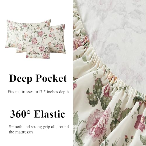 Image of FADFAY 100% Cotton Double Gauze Sheets Set Queen Size, 4 Piece Breathable Muslin Bedding with Deep Pocket Fitted Sheet, Vintage French Country Floral Print, Soft Pre-Washed Bed Sheets (Queen, Rose)