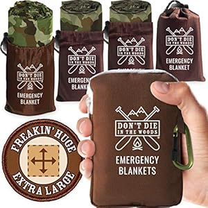Don’t Die In The Woods – Freakin’ Huge Emergency Blankets [4-Pack] Extra-Large Thermal Mylar Space Blankets with Ripstop Nylon Stuff Sacks + Carabiner Zipper Pack [Woodland Camo]