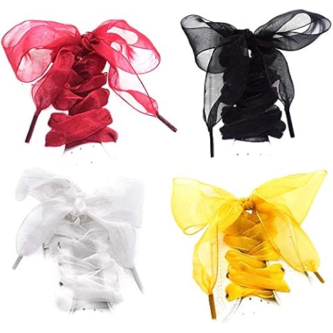 AUEAR, Fashion Shoe Laces Silk Satin Ribbon Shoelaces Soft Casual Flat Shoestrings for Sneaker 4CM Wide, Wine Red & Gold & White & Black, 4 Pairs Cover
