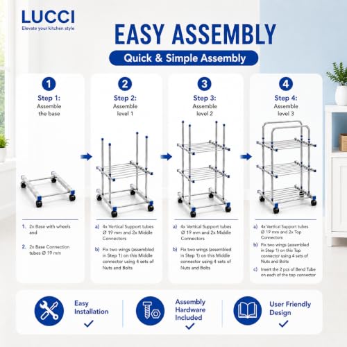 Image of LUCCI Premium Heavy Duty Foldable Stainless Steel Cloth Drying Stand, 3 Tier | Mirror Finish | Portable Laundry Rack | Clothes Dryer Stand with Wheels | Foldable, Movable & Space-Saving Drying Rack