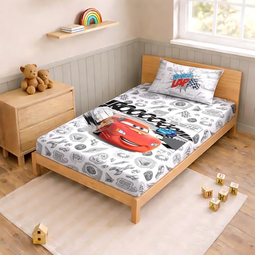 Image of Sassoon Disney Pixar Cars (Lap) Digital Printed, Cotton Single Bedsheet, 300 TC, 1 Pillow Cover, Fade Resistant, Bedsheet for Kid's Bedroom, (1.50m X 2.35m)