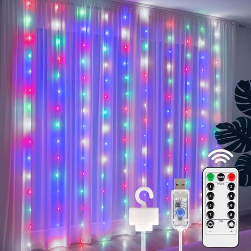 DomeStar 300 LED Fairy Curtain Lights, 9.8ft x 9.8ft Holiday Party Waterproof String Hanging Lights with 8 Modes Remote, Plug‑in Design for Bedroom Patio Garden Party Wedding Wall Decor (Multicolor)