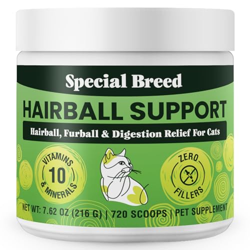 Special Breed Hairball Support for Cats - 10 Super Ingredients for Hairball Relief, Digestive Support & Healthy Skin - No Fillers - Psyllium, Pumpkin, Omega-3s & More - 720 Scoops