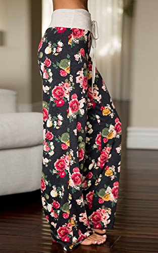 Image of AMiERY Women's Comfy Casual Pajama Pants Floral Print Drawstring Palazzo Lounge Pants Wide Leg