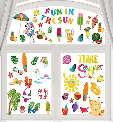 8 Sheet Summer Window Clings, Tropical Beach Theme Static Window Decorations, Double-Sided Window Sticker Decals for Home Office Glass Door Hawaiian Summer Pool Party Supplies