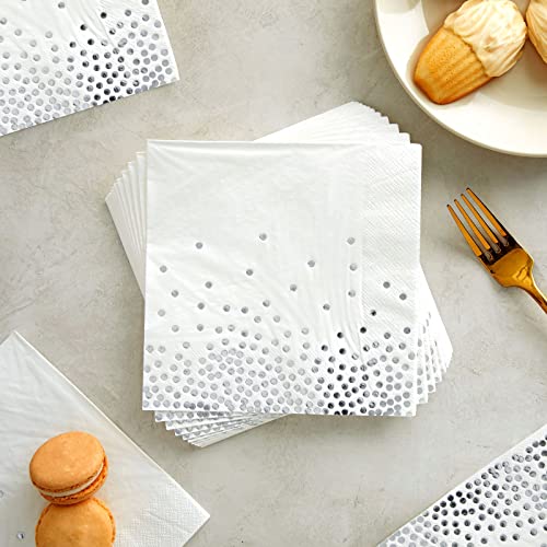 50-Pack White And Silver Paper Napkins For Wedding Reception, Foil Polka Dots For Birthday Party Decorations And Holiday Parties, Bridal Shower (3-Ply, 6.5 X 6.5 In) #TOP3