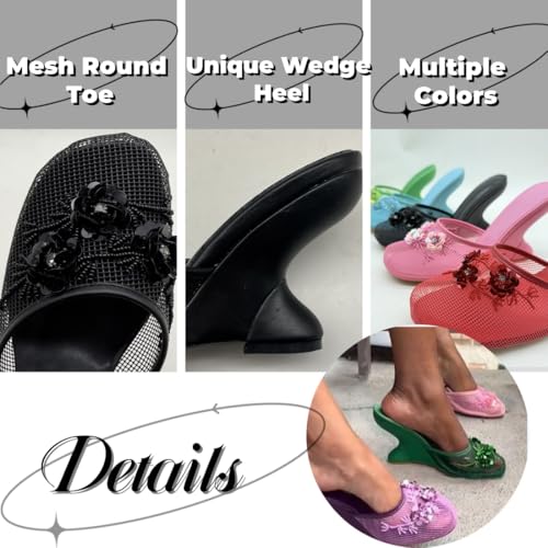Women's Mesh Mule Wedge Sandals Floral Sequin Round Closed Toe Slip On Heels Sandal Funky 90s Y2K Chinese Heel Slippers2