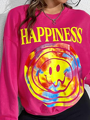 Missactiver Women’s Letter Graphic Print Sweatshirt Loose Long Sleeve Round Neck Drop Shoulder Fleece Casual Pullover Hot Pink #TOP1