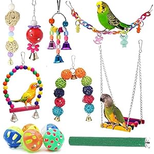 Qpets® 9 in 1 Birds Toys Set Parrot Toy Chew Toy with Hanging Hammock Swing Bell Pet Climbing Ladders Love Birds Toys for Small Parakeets Cockatiels Conures Finches Budgie Macaw Parrots