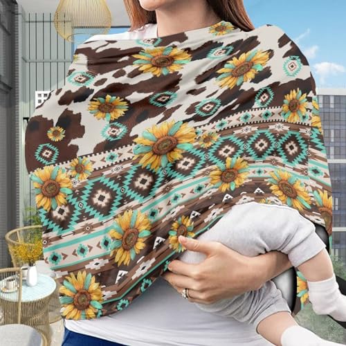 Image of Binienty Aztec Geometric Sunflower Cow Print Baby Car Seat Cover, Stretchy Fabric Carseat Canopies, Multi Use High Chair /Shopping Cart /Stroller Cover