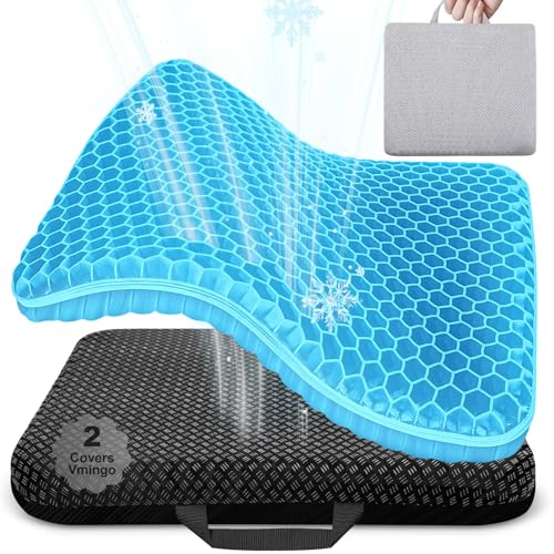 Vmingo Gel Sitzkissen, Orthopädisch Doppelschicht VerdickungSitzkissen mit Rutschfester Stoffhülle Atmungsaktives Stuhlkissen Gelkissen Sitzkissen für Bürostuhl,Küchenstuhl,Rollstuhl,Auto (Hellblau)