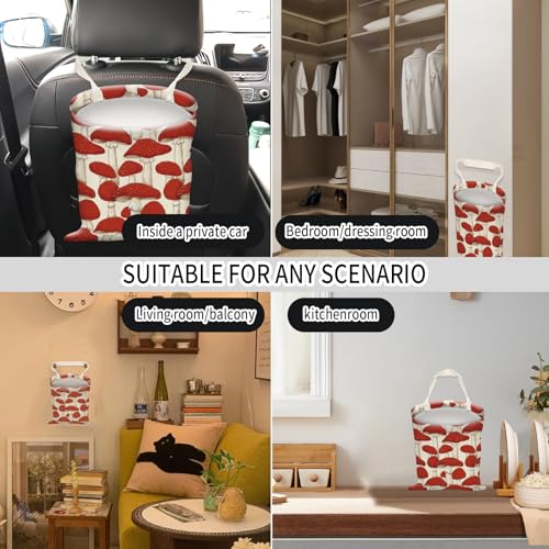 Image of Car Trash Can, Hanging Garbage Bin for Men and Women, Cute Car Organizer and Storage Bag, Canvas Vehicle Trash Can Bag Easy-to-Install Cute Red Mushroom