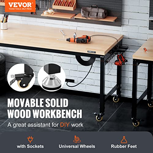 Image of VEVOR Workbench for Garage 72 inch Adjustable Workbench, Heavy-Duty Hardwood Worktable with Universal Wheels, 3000 LBS Load Capacity, with Power Outlets, for Workshop, Garage, Office and Home