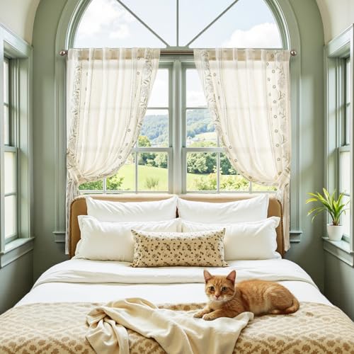 Image of jinchan Green Floral Linen Kitchen Tier Curtains 45 Inch Back Tab 2 Panels
