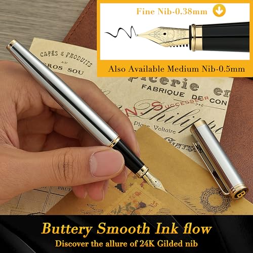 Image of BEILUNER Silver Chrome Fountain Pen,Stunning Luxury with 24K Gold Accents, Gorgeous 24K Gilded Nib(Fine), Trustworthy Pen Gift for Men&Women -Ink Converter-Elegant, Graduation,Nice Pen for Writing