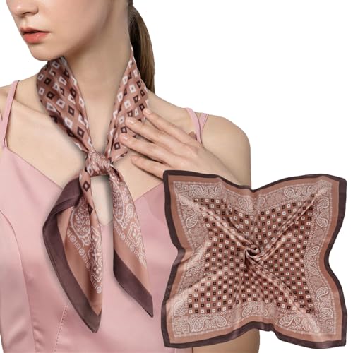 EXTREE Silk Feeling Scarf Medium Square Satin Head Scarf Sleeping Hair Wrapping for Women 27.5 × 27.5 inches Cashews Surround the Cubes of Red Bean Paste