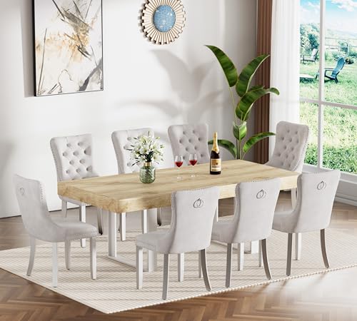 Image of Oak Dining Room Table Set for 8, 9-Piece 63 inch-78.74 inch Extendable Dining Table Set with 8 Upholstered Chairs, Rectangle Wooden Expanding Kitchen Table and Beige Chairs Set