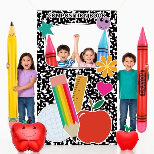 Duraaamo 7 Pcs Back to School Photo Booth Props Composition Book Paper Photo Frame Large Inflatable Crayon Pencil Apple Balloons Set for Celebration First Day of Preschool Graduation Party Decorations