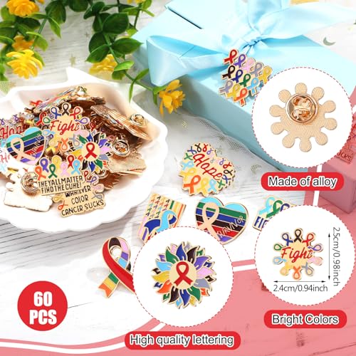 Image of Landical 60 Pcs All Cancer Awareness Pins Bulk Breast Cancer Awareness Lapel Pins Pink Multicolor Ribbon Items Supplies for Hats Backpacks Clothing Women Gifts