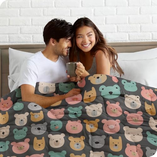 Image of 200 GSM 400 TC Kids Glace Cotton Reversible Cartoon Printed Double Bed King Size Comforter with Matching Bedsheet 90x100 Inches with 2 Pillow Covers Set of 4 Pieces- Grey Teddy