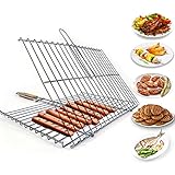 Hakan Grill Basket 11.8 x 15.8-inch for Outdoor Grill, Barbecue Basket for Fish, Steak, Chicken, Vegetables, Shish Kabob and Shrimp, Large Lockable Basket with Wooden Handle, Stainless Steel, BBQ