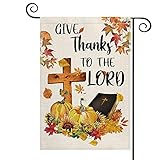 AVOIN colorlife Thanksgiving Pumpkin Sunflower Garden Flag Give Thanks to The Lord Vertical Double Sided, Maple Leaf Bible Fall Harvest Holiday Yard Outdoor Decoration 12.5 x 18 Inch