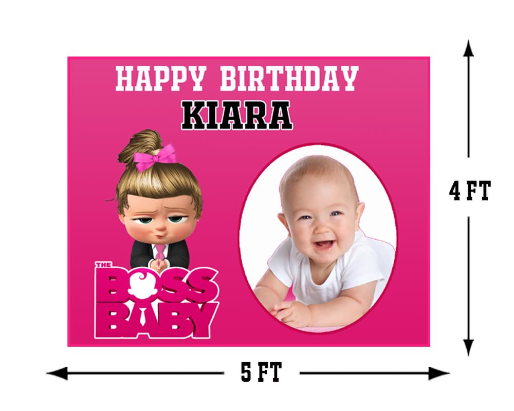 WoW Party Studio Personalized Baby Boss Pink Theme Party Happy Birthday Decorations with Birthday Boy/Girl Name, Age, Made with A55 Coated Fabric, Photo Background/Backdrop Wall Banner - Large Size 4ft height x 5ft width 2