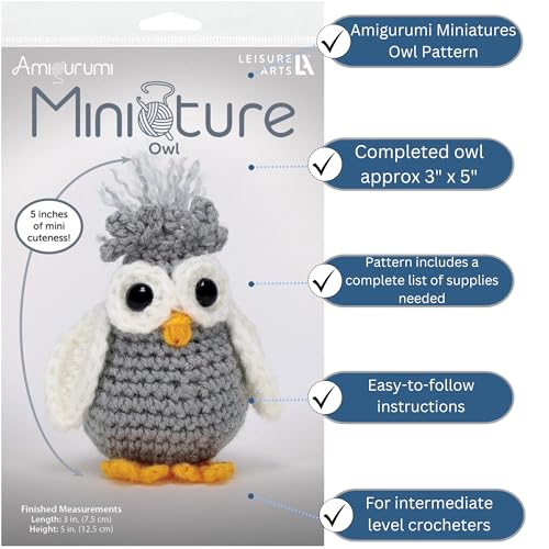 Image of Leisure Arts Amigurumi Miniatures Owl Crochet Pattern Book | Miniature owl amigurumi crochet pattern. Intermediate level. Step-by-step instructions and detailed images included.