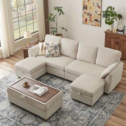 Image of Convertible Sectional Sofa with Storage Ottomans & Coffee Table, Modern Corduroy, U-Shaped Couch with Double Chaise & Storage Long Bench, 4 Seater Sofa Set Couches for Living Room, Beige