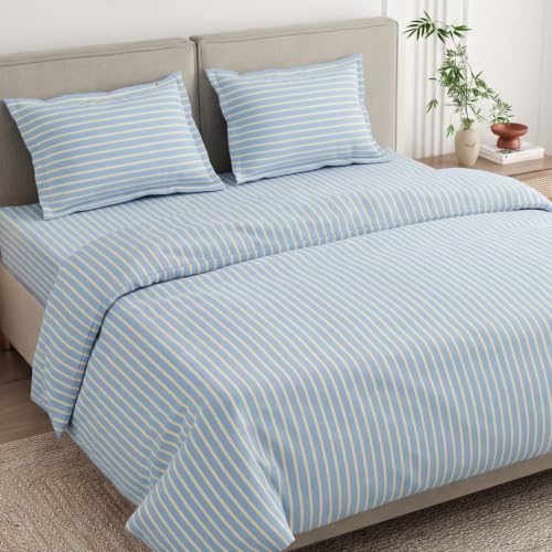 Image of Haus & Kinder Double Bed Bedsheet 90 x 100 | 186 TC Pure Cotton Bed Sheet Double Bed with 2 Pillow Covers | Queen Size Bed Sheet | Seiran Stripe Blue Breeze
