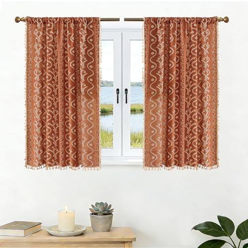 Image of Rust Curtains Boho Kitchen Curtains 45 inch Length 2 Panels,Linen Blend Wide Short Cafe Window Drapes,Rod Pocket Floral Patterned Vintage Tassel Bedroom Curtains,Burnt Orange