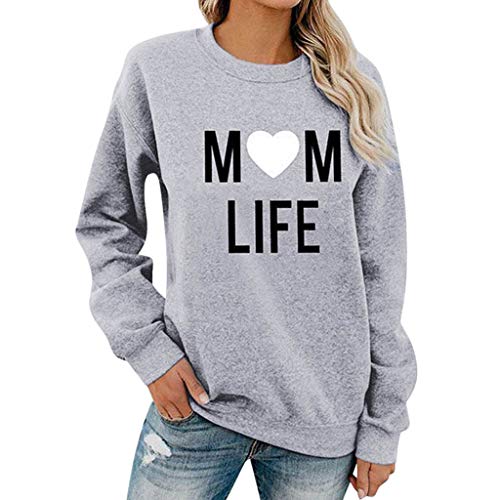 Fheaven Womens Letter Print Casual Long Sleeve Sweatshirts mom Life Pullover Tops Blouse Gift for Mom Gray