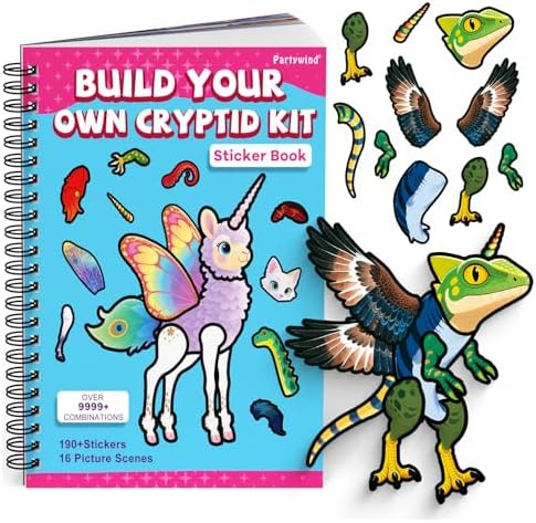 PARTYWIND Cryptid Construction Kit Sticker Book for Kids, Build Your Own Cryptid Animals Sticker Book with 16 Scenes, Airplane Car Travel Essentials Activities Toys for Toddlers Ages 3-5