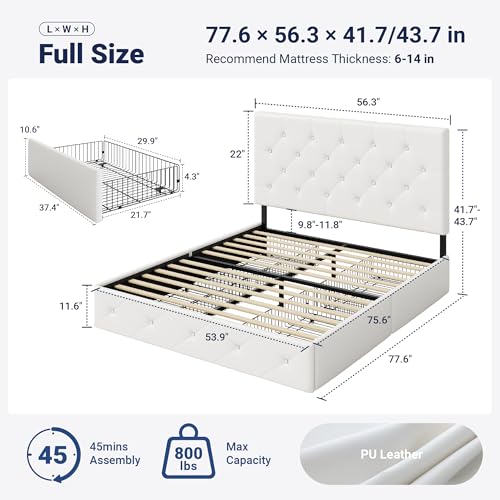 Image of Allewie Upholstered Full Size Platform Bed Frame with 4 Storage Drawers and Headboard, Diamond Stitched Button Tufted, Mattress Foundation with Wooden Slats Support, No Box Spring Needed, White