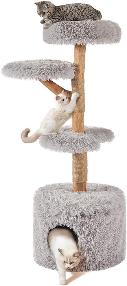 beeNbkks Real Wood Cat Tree Tower, 51'' Tall Indoor Real Branch Cat Tower with Condo Scratching Post and Perch Bed, Fluffy Pet Furniture for Multiple Kittens