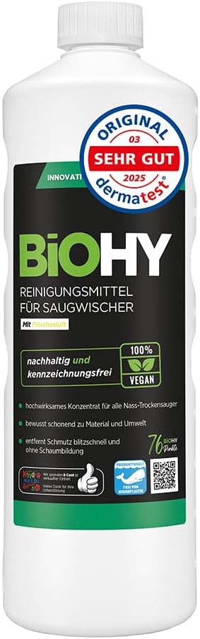 BiOHY Reinigungsmittel für Saugwischer mit Frischeduft (1l Flasche) | 1:200 Konzentrat für alle Nass-Trockensauger & Waschsauger | Für Fliesen, PVC, Parkett, Laminat & Teppich | Schaumarm