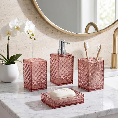 Image of Story@Home 4 Pieces Bathroom Accessories Set - Peach | Toothbrush Holder, Soap Dispenser, Mouth Wash Cup & Soap Dish for Home Kitchen & Bathroom | Bathroom Essentials for Office