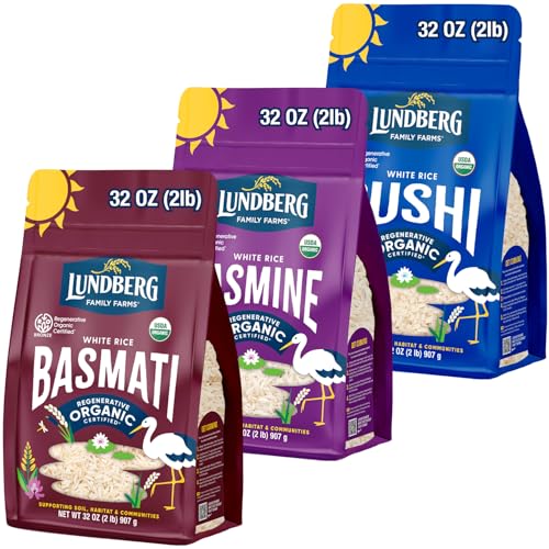 Image of Lundberg Rice Variety 3-Pack - White Basmati, Jasmine, and California Sushi Grains, Regenerative Organic Certified, 32 Oz Ea