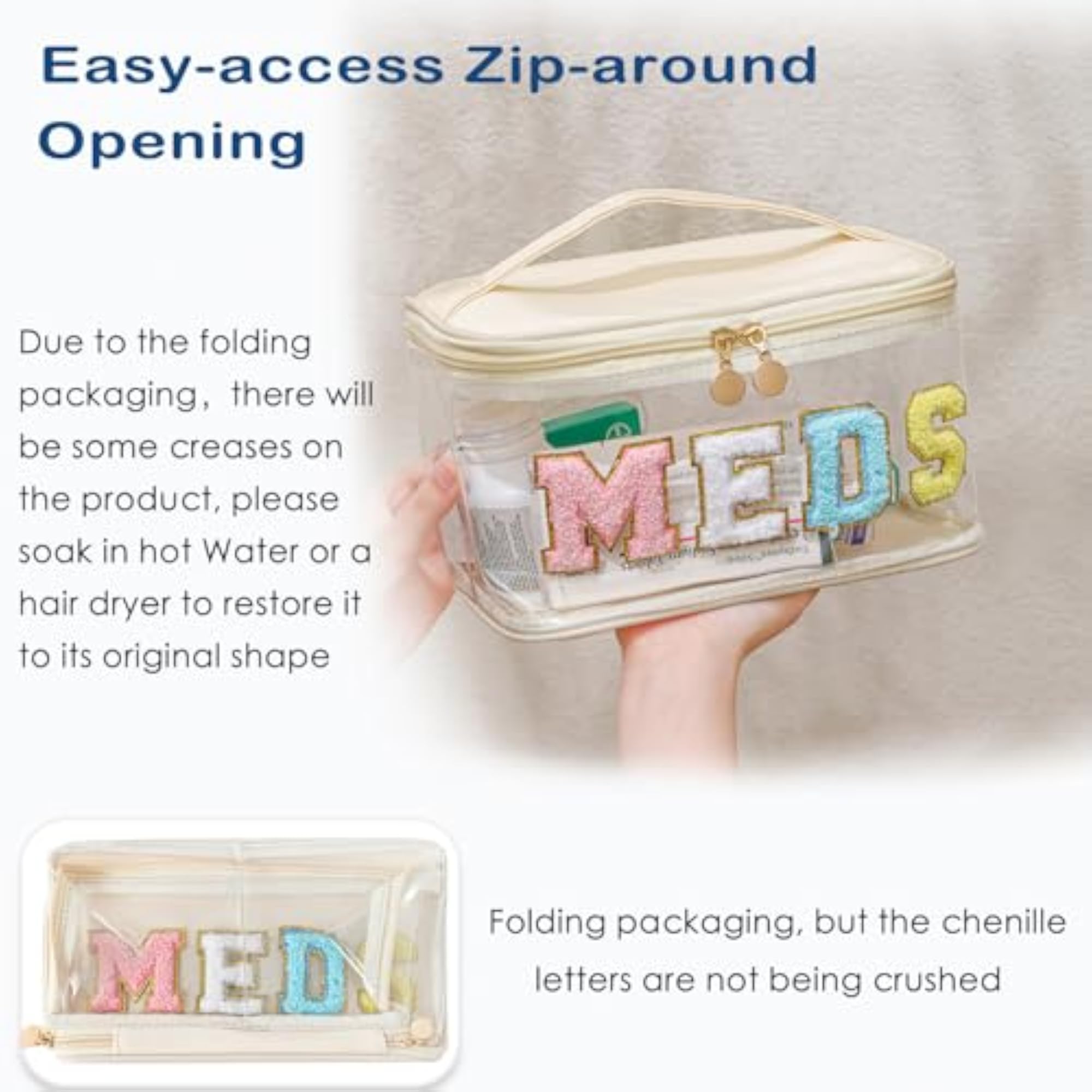 Chenille Letter Clear Makeup Bag, Waterproof Cosmetic Storage