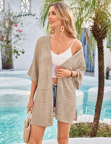Image of GRACE KARIN Women Lightweight Summer Cardigan Crochet Knit Kimono Sweaters | Lightweight Crochet Knit Fabric, Short-sleeve Open-front Oversized Kimono, Ideal Casual Outerwear for Summer Daily Wear